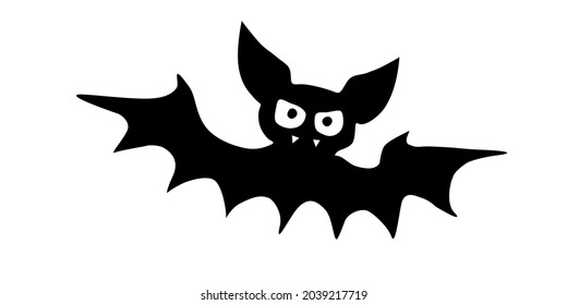 Cute vampire bat drawn in cartoon flat style. Vector black silhouette illustration isolated on white background. For halloween design, greeting card