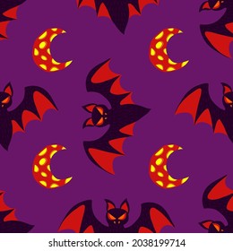 Murciélago de vampiros y halloween con vectores de luna de polilla sin fisuras en un fondo violeta