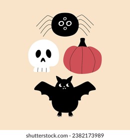 Cute vampire bat, scull, black spider and pumpkin hand drawn vector illustration. Isolated spooky halloween elements in flat style for kids poster, icon or logo.