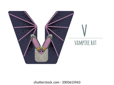 Cute vampire bat in the shape of a letter - V.
children's alphabet. poster, postcard.