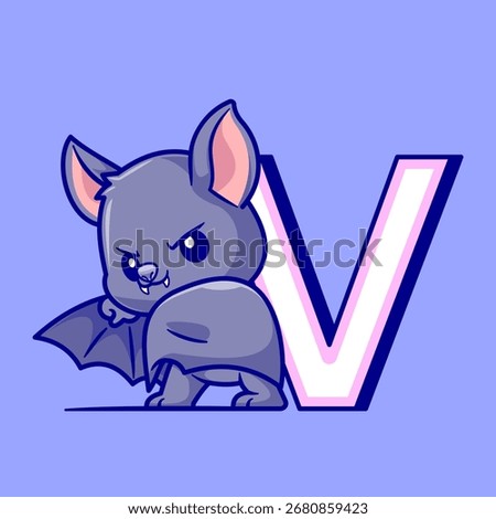Cute Vampire Bat In V Alphabet Cartoon Vector Icon Illustration. Animal Education Icon Concept Isolated Premium Vector. Flat Cartoon Style