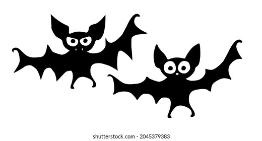 Cute vampire bats drawn in cartoon flat style. Vector black silhouette illustration isolated on white background. For halloween design, greeting card