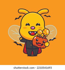 Cute vampire bee holding halloween pumpkin. Cute halloween cartoon illustration. 