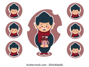 Cute vampire boy with a big mug and stickers with different emotions for helloween