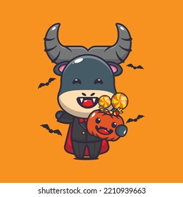 Cute vampire buffalo holding halloween pumpkin. Cute halloween cartoon illustration. 