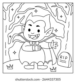 cute vampire cartoon coloring pages with old tree and cemetery at night.halloween themed coloring book illustration