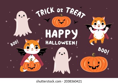 Cute vampire cat with ghosts and pumpkin. Happy halloween stickers set. Ginger cat and ghosts vector illustration collection