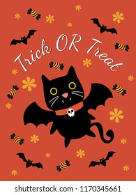 Cute vampire cat for Halloween greeting card. Cute decoration for Halloween.