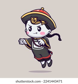 Cute Vampire Chinese Cartoon Vector Icon Illustration. People Holiday Icon Concept Isolated Premium Vector. Flat Cartoon Style