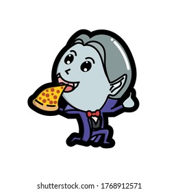 Cute vampire is eating pizza good for Halloween costumes, stickers, doodles, cartoon, t shirt design, childish, mascot, restaurant