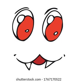 cute vampire face with fangs and red eyes, vector doodle element for halloween celebration, color illustration