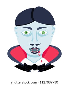 Cute vampire face. Head on shoulders of evil vampire. Modern flat cartoons vector illustration icons. Isolated on white. Vampire with blood on lips and teeth. Dracula vampire. Happy Halloween.
