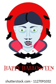 Cute vampire face. Head on shoulders of evil vampire. Modern flat cartoons vector illustration icons. Isolated on white. Dracula vampire. Happy Halloween poster. Halloween flyer with bats and red moon
