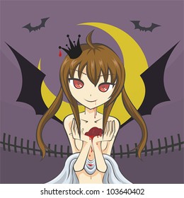 Cute Vampire girl devil monster is holding a fresh human heart (create by cartoon vector character in nude naked body)