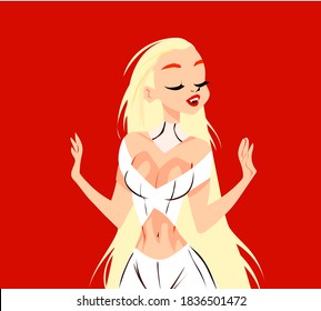 Cute vampire girl in white tight-fitting suit with bright blonde hair on a red background