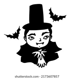 Cute vampire. Halloween vampire character portrait in cartoon doodle style. Vector illustration of little boy in vampire costume