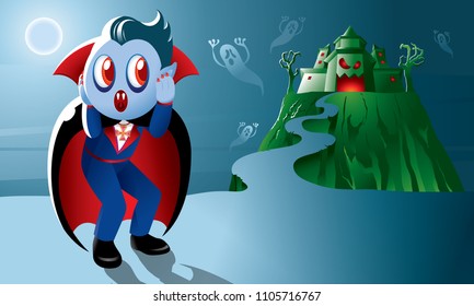 A cute vampire with a haunted castle.