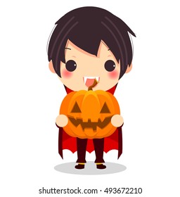 cute vampire hold pumpkin for halloween's day.vector illustration