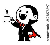 cute vampire mascot with a cup of coffee, little dracula Halloween illustration