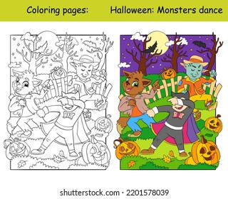 Cute vampire, monster and werewolf dancing at night in the forest. Halloween concept. Kids coloring book page and color template. Vector cartoon illustration. For print, decor, education and game