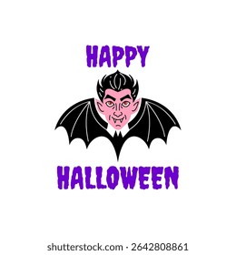 Cute vampire positioned between the phrases HAPPY and HALLOWEEN  in a dripping, jagged  font on a white background.