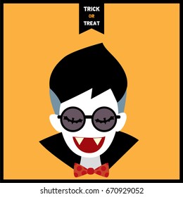 Cute vampire put on sunglasses on orange background for Halloween party.