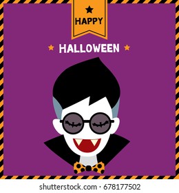 Cute vampire put on sunglasses on violet background for Halloween party.