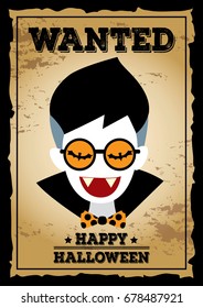 Cute vampire put on sunglasses on wanted poster background for Happy Halloween party.