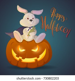 A cute vampire rabbit is sitting on an eerie pumpkin. Illustration-postcard to Halloween