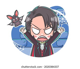 Cute vampire scaring with a bat cartoon illustration