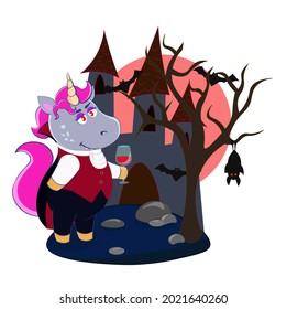 A cute vampire unicorn stands in front of a gloomy castle with bats. Cartoon vector illustration for children