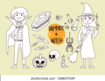 Cute Vampire And Witch, Illustration Set, Isolated Vector