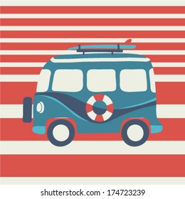 Cute van with surf board. Vector illustration