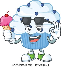 Cute vanilla blue cupcake cartoon character enjoying an ice cream