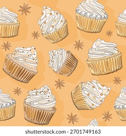 Bolo de xícara de baunilha bonito e estrela anis doodle linhas padrão sem costura em creme quadrado ilustração gráfica de fundo.