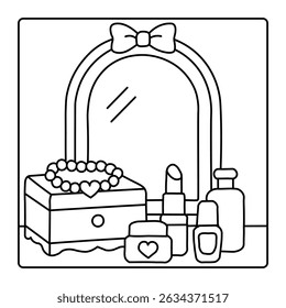 Página de coloração de tabela de vaidade bonito com espelho, batom, perfume e joias - Vetor Line Art para crianças