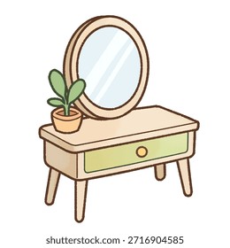 Linda ilustración de mesa de tocador con un espejo redondo, Pequeño cajón y una planta en maceta en la parte superior. Colores pastel suaves y estilo de arte de línea limpia, perfecto para temas de decoración del hogar, gráficos de diseño de interiores e ilustraciones de muebles kawaii