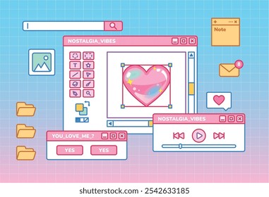 Aplicativos de interface de usuário do Cute Vaporwave Computador Windows Desktop. Kawaii vaporwave conjunto de adesivos estéticos. Design de modelo de histórias de mídias sociais. Ilustração de etiqueta kawaii bonito. Antiga ética computacional.