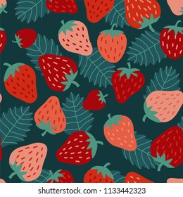 Cute varied strawberries on fresh dark green leaf background, seamless vector repeat pattern. Trendy naive style. Great  for fabrics, wallpapers, food concepts,  scrapbooking, packaging materials etc.