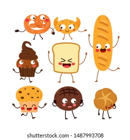 Cute variety bread and bakery characters set collection