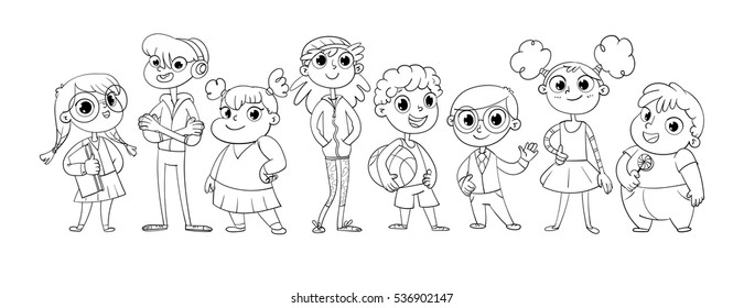 Cute Variety Of Children Standing In A Row. Vector Illustration. Funny Cartoon Character. Isolated On White Background. Coloring Book