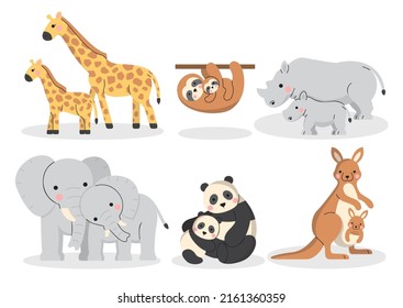 Cuto de varias familias de animales con jirafa, pereza, rinocerontes, elefante, panda y canguro, Dibujo manual en personajes de caricatura sobre el concepto del día de la madre sobre fondo blanco, ilustración vectorial