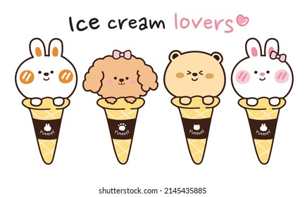 Cute various animals ice cream on cone set.Rabbit,dog,bear hand drawn.Ice cream lover writing background.Cartoon doodle style collection.Yummy logo.Can be use for card,menu,T-shirt.Illustration.Vector