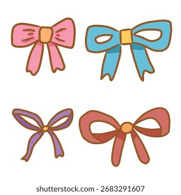 Cute various bow with outline. Ribbon colorful clipart.
