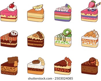 Diversos Elementos lindos del doodle de la torta con la nata, el chocolate, la fresa, el arándano, el kiwi, el mango, la cereza, la almendra, las galletas, y la naranja para la decoración.