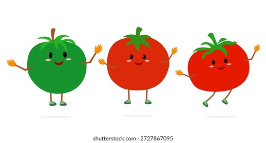 Diversos tipos lindos de la mascota del carácter del tomate del carácter. Mascota de personaje de Vector vegetal de tomate con expresión facial y gestos