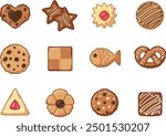 Cute various chocolate cookies vector illustration for holiday, halloween, christmas, and easter with the shape of heart, star, triangle, square, round, fish, and flower.