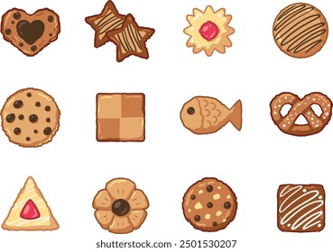 Ilustración vectorial de varias galletas de chocolate lindas para vacaciones, halloween, Navidad y Pascua con la forma de corazón, estrella, triángulo, cuadrado, redondo, pescado y flor.