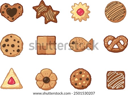 Cute various chocolate cookies vector illustration for holiday, halloween, christmas, and easter with the shape of heart, star, triangle, square, round, fish, and flower.