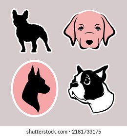 Cute various dogs as stickers for web design. Lovely puppies as sticker pack for design websites, logo, icons, signs, applications or social network communication. Different bright stickers with dogs.